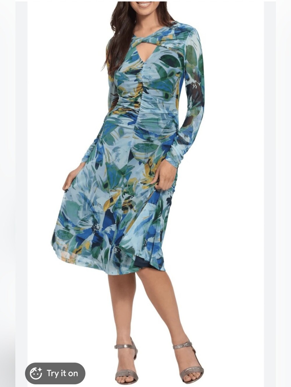 London Times Blue & Green Floral Keyhole Ruched Midi Dress